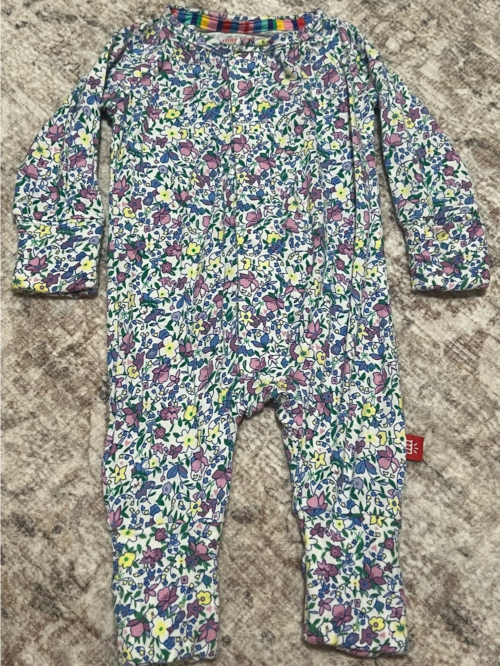 Magnetic Me White Floral One-Piece Footie with Purple, Yellow and Blue Accents